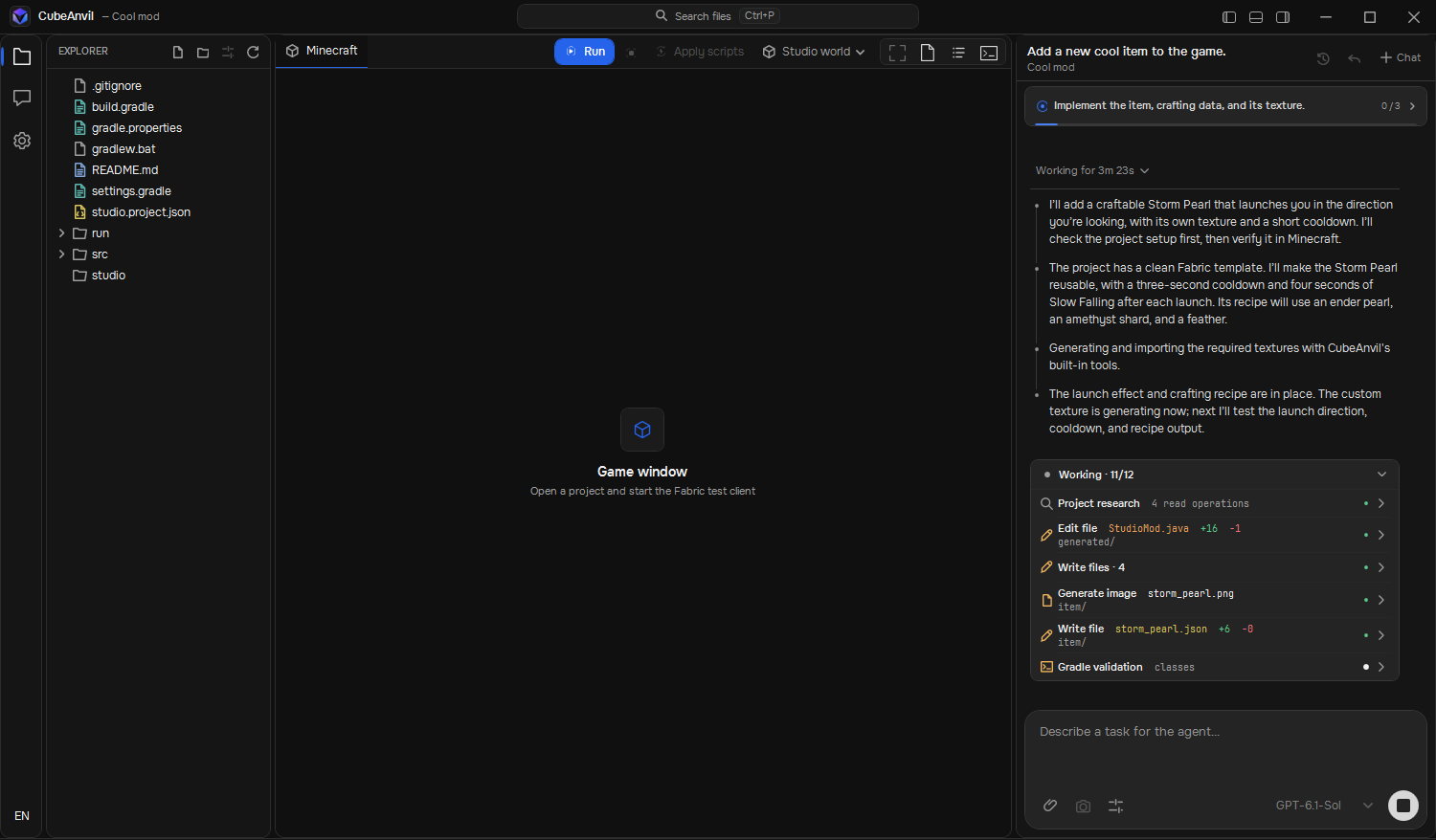 CubeAnvil while the agent works: a task checklist, its plan and a live list of actions such as editing files and generating an image