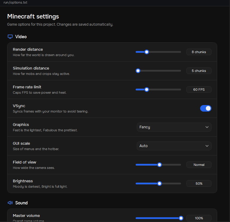 The Minecraft settings panel with sliders and toggles